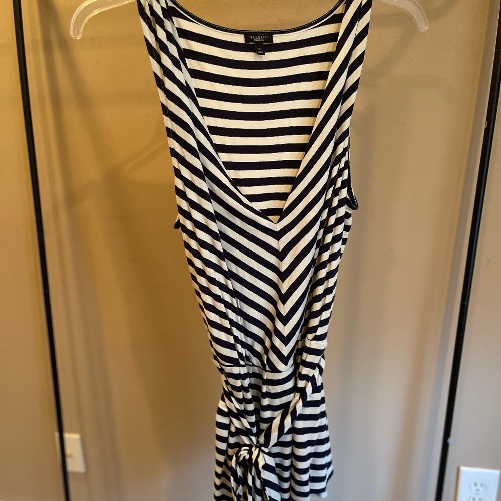 Talbots White and Navy Striped Belted Sleeveless Peplum Top